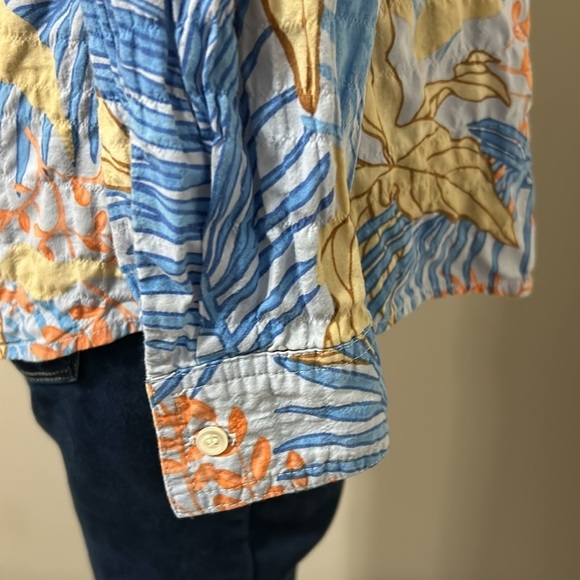 J McLaughlin Lois Shirt Blue Tropical Palm Print Long Sleeve Button Front Sz S - Picture 10 of 16